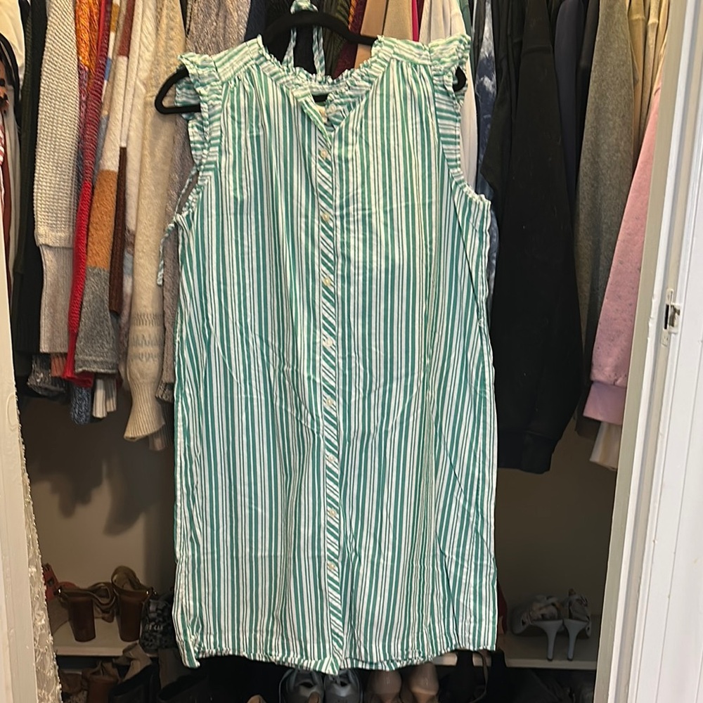 LOFT Green and White Ruffled Sheath Mini Dress
